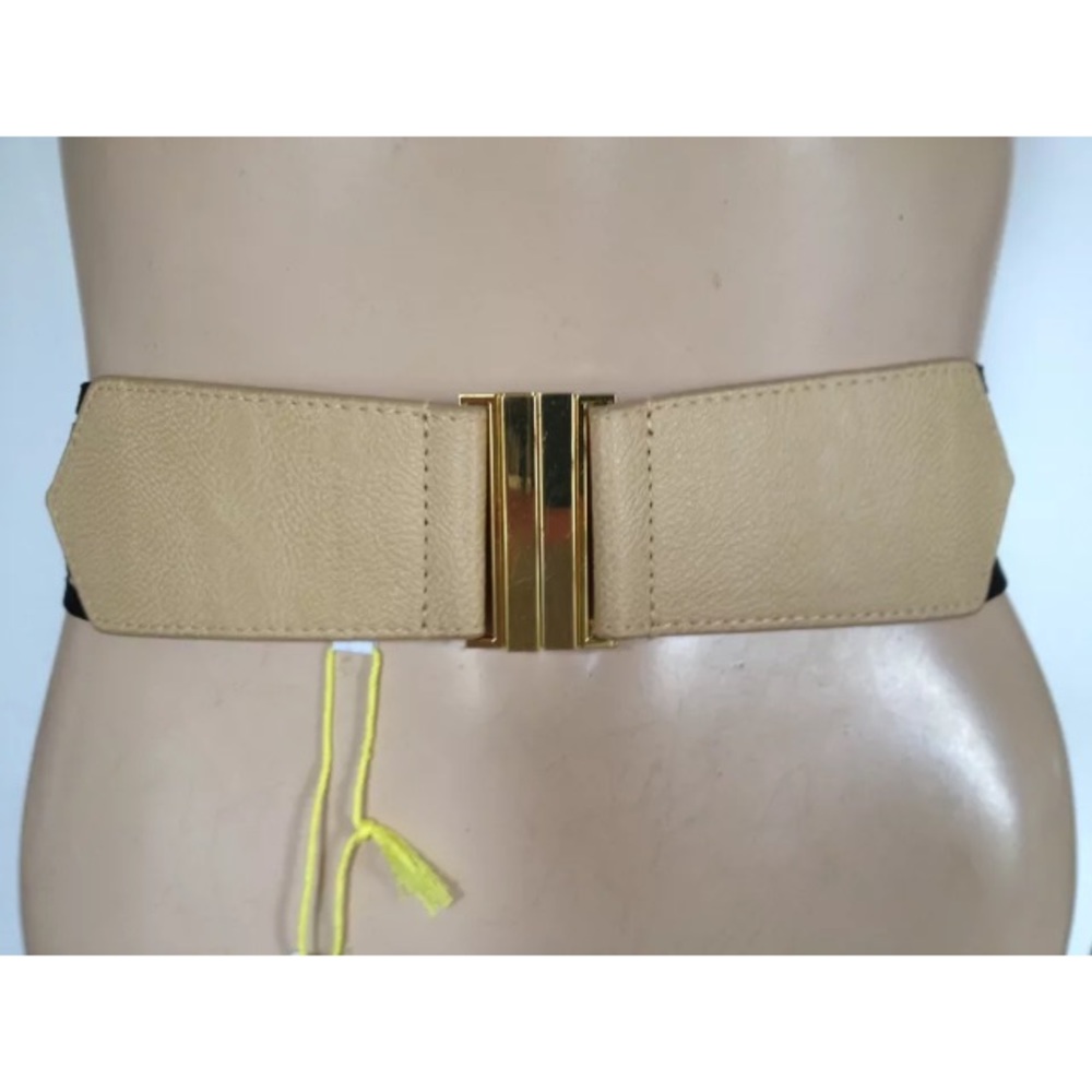 BCBGeneration WAIST BELT WIDE VEGAN LEATHER BEIGE NUDE BLACK STRIPED